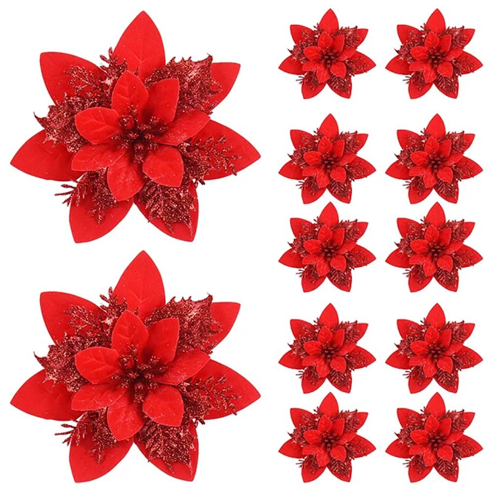 5/10 pçs 14.5cm ornamentos de flores de natal, rosa, vermelho, ouro, glitter fl