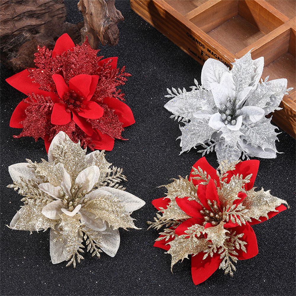 5/10 pçs 14.5cm ornamentos de flores de natal, rosa, vermelho, ouro, glitter fl