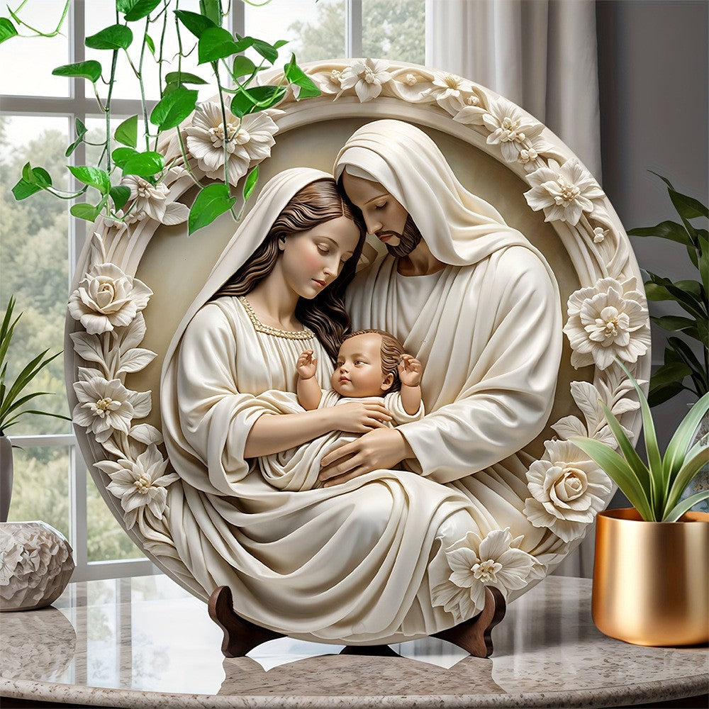 Ornamento clássico de madeira para presépio: a Sagrada Família de Maria, Jesu