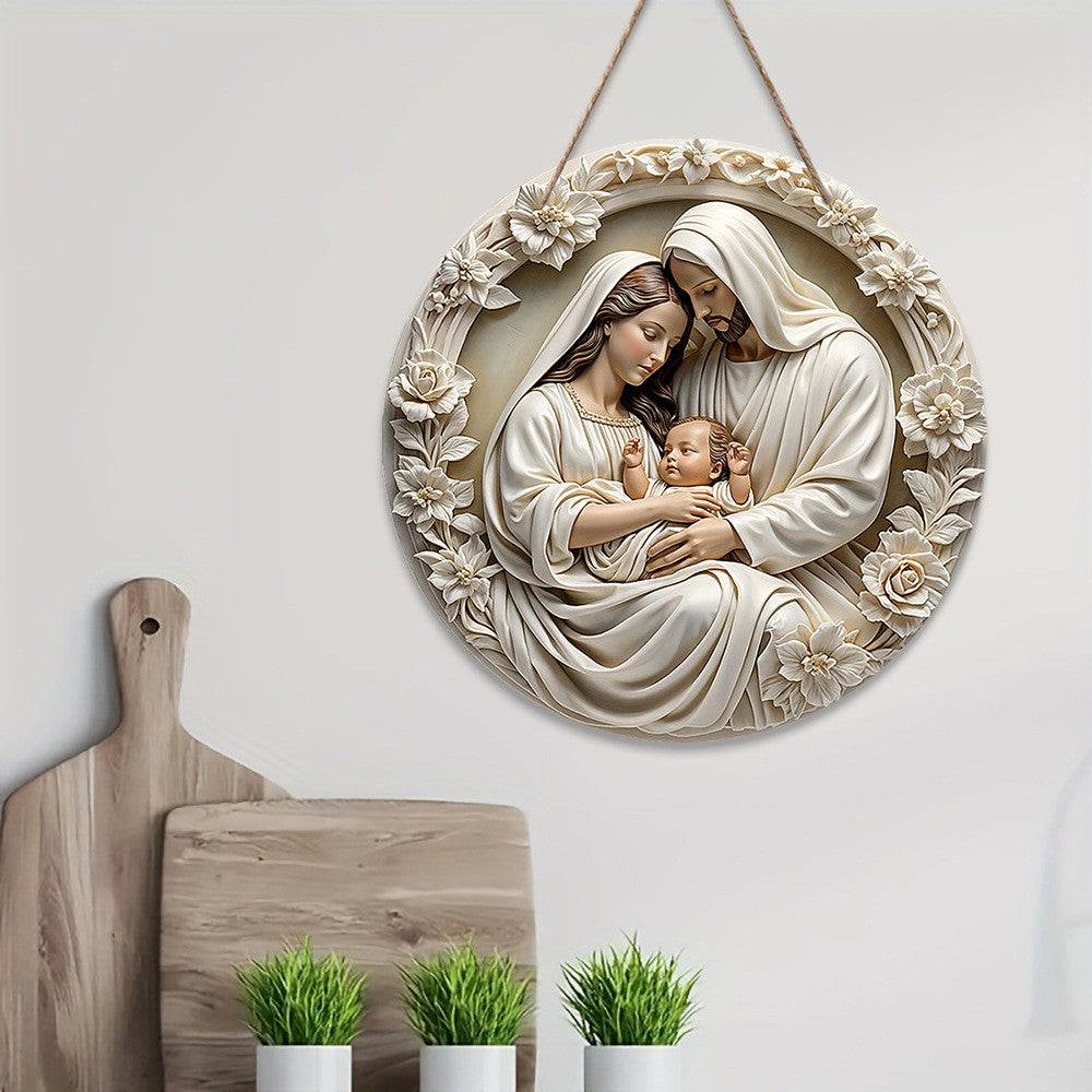 Ornamento clássico de madeira para presépio: a Sagrada Família de Maria, Jesu