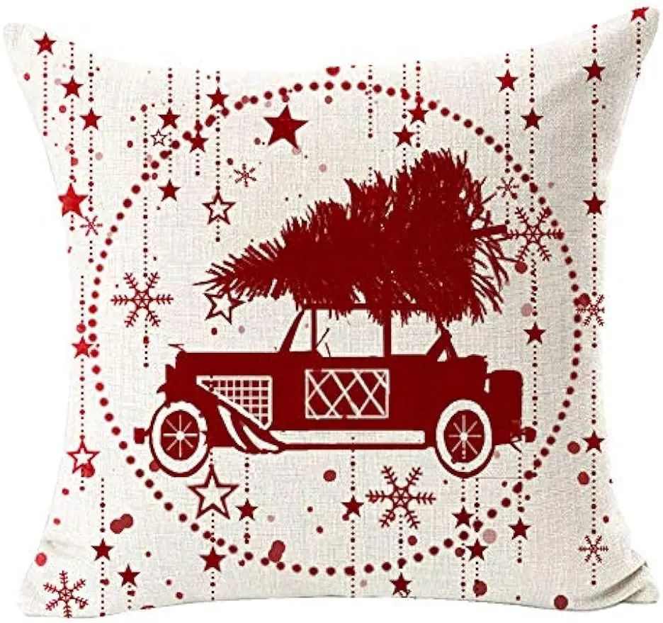 Feliz Natal Fronha de Linho, Bola Floco de Neve, Carro vermelho
