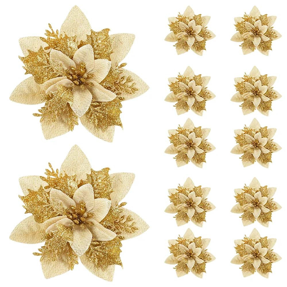 5/10 pçs 14.5cm ornamentos de flores de natal, rosa, vermelho, ouro, glitter fl