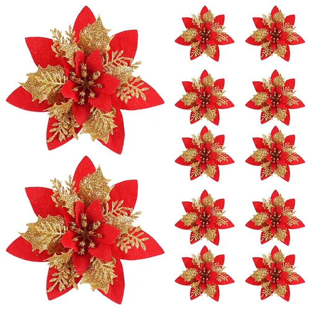 5/10 pçs 14.5cm ornamentos de flores de natal, rosa, vermelho, ouro, glitter fl