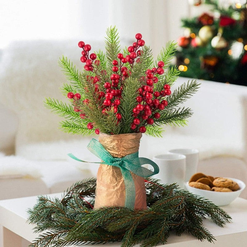 10 pçs decoração de natal ramos de pinho artificial bagas de azevinho ramos d