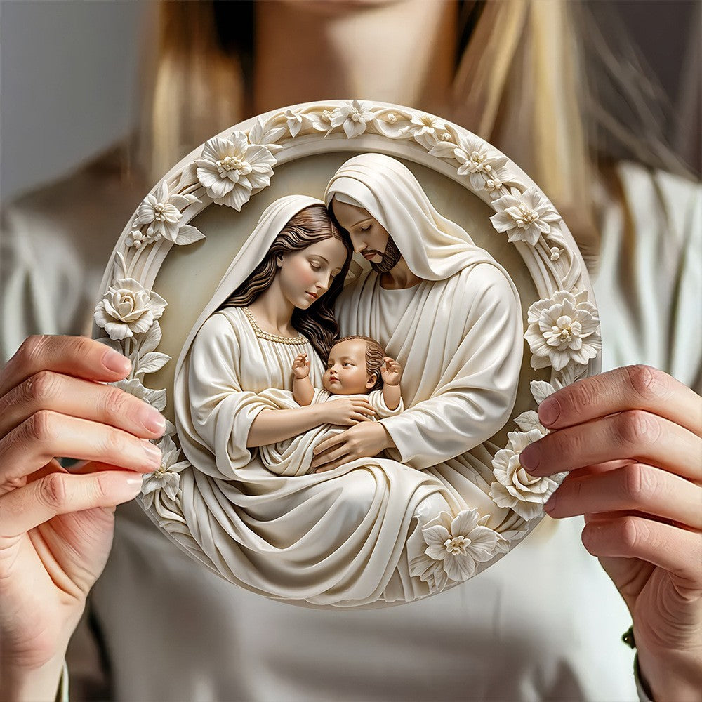 Ornamento clássico de madeira para presépio: a Sagrada Família de Maria, Jesu