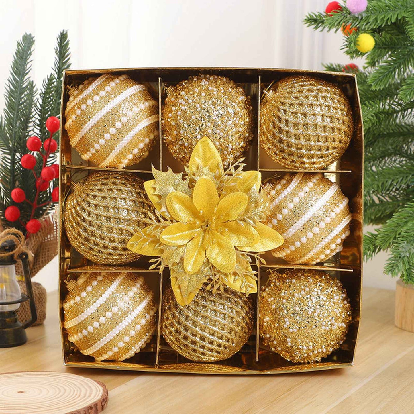 Conjunto de enfeites de bola de Natal de 9 unidades de 8 cm com glitter bolas de