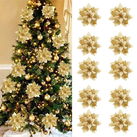 5/10 pçs 14.5cm ornamentos de flores de natal, rosa, vermelho, ouro, glitter fl