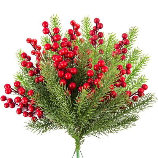 10 pçs decoração de natal ramos de pinho artificial bagas de azevinho ramos d
