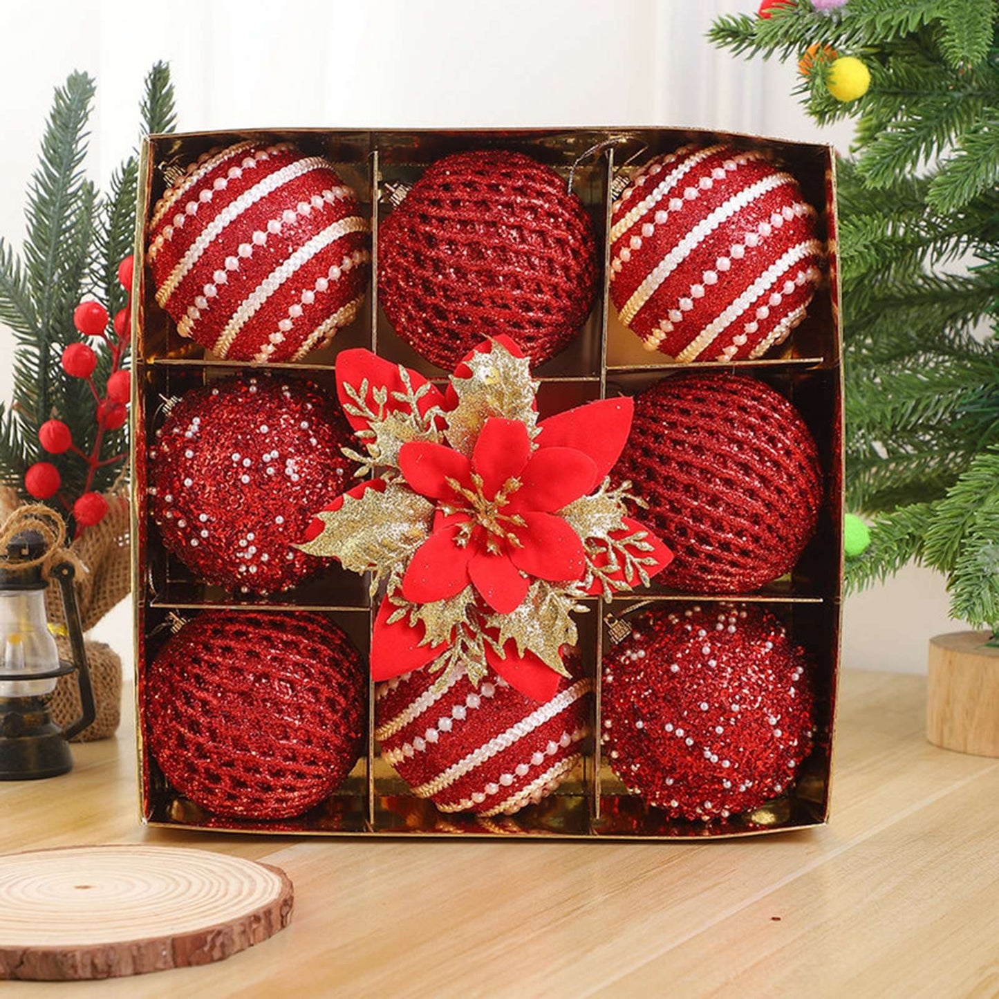 Conjunto de enfeites de bola de Natal de 9 unidades de 8 cm com glitter bolas de