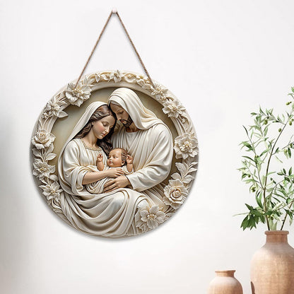 Ornamento clássico de madeira para presépio: a Sagrada Família de Maria, Jesu