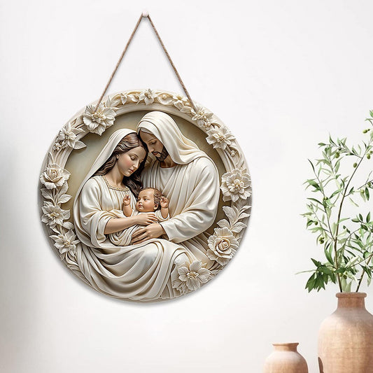 Ornamento clássico de madeira para presépio: a Sagrada Família de Maria, Jesu