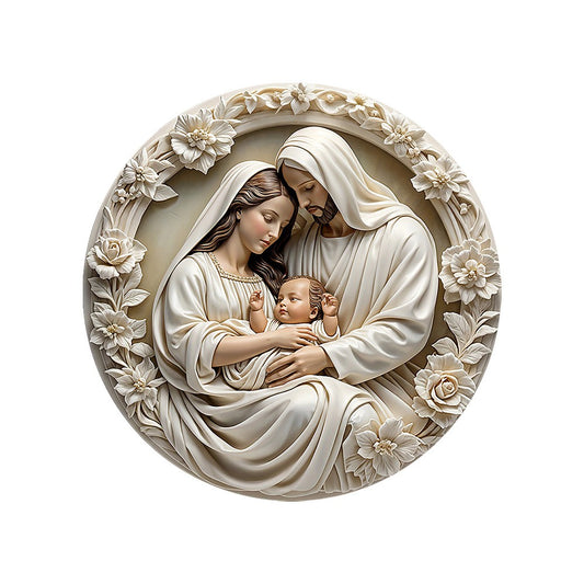 Ornamento clássico de madeira para presépio: a Sagrada Família de Maria, Jesu