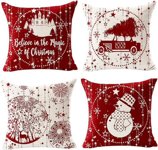 Feliz Natal Fronha de Linho, Bola Floco de Neve, Carro vermelho